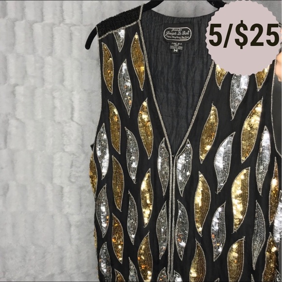 Vintage Jackets & Blazers - Vintage Silk Sequin Black & Gold Vest 100% Silk